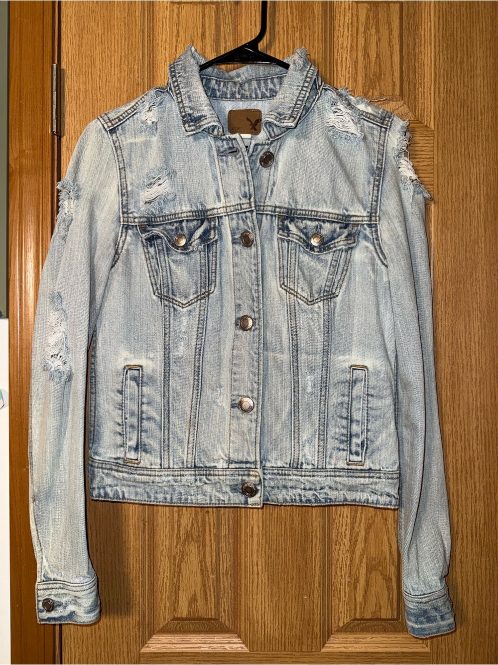 American Eagle Outfitters Light Wash Distressed Denim Jacket